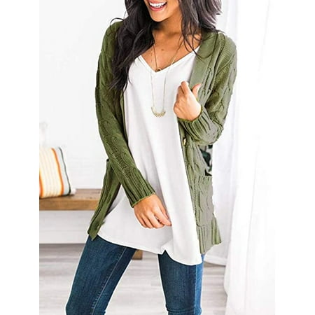 Womens Long Sleeve Twist Knit Cardigans Button Down Cable Sweater Coat Patch Pockets